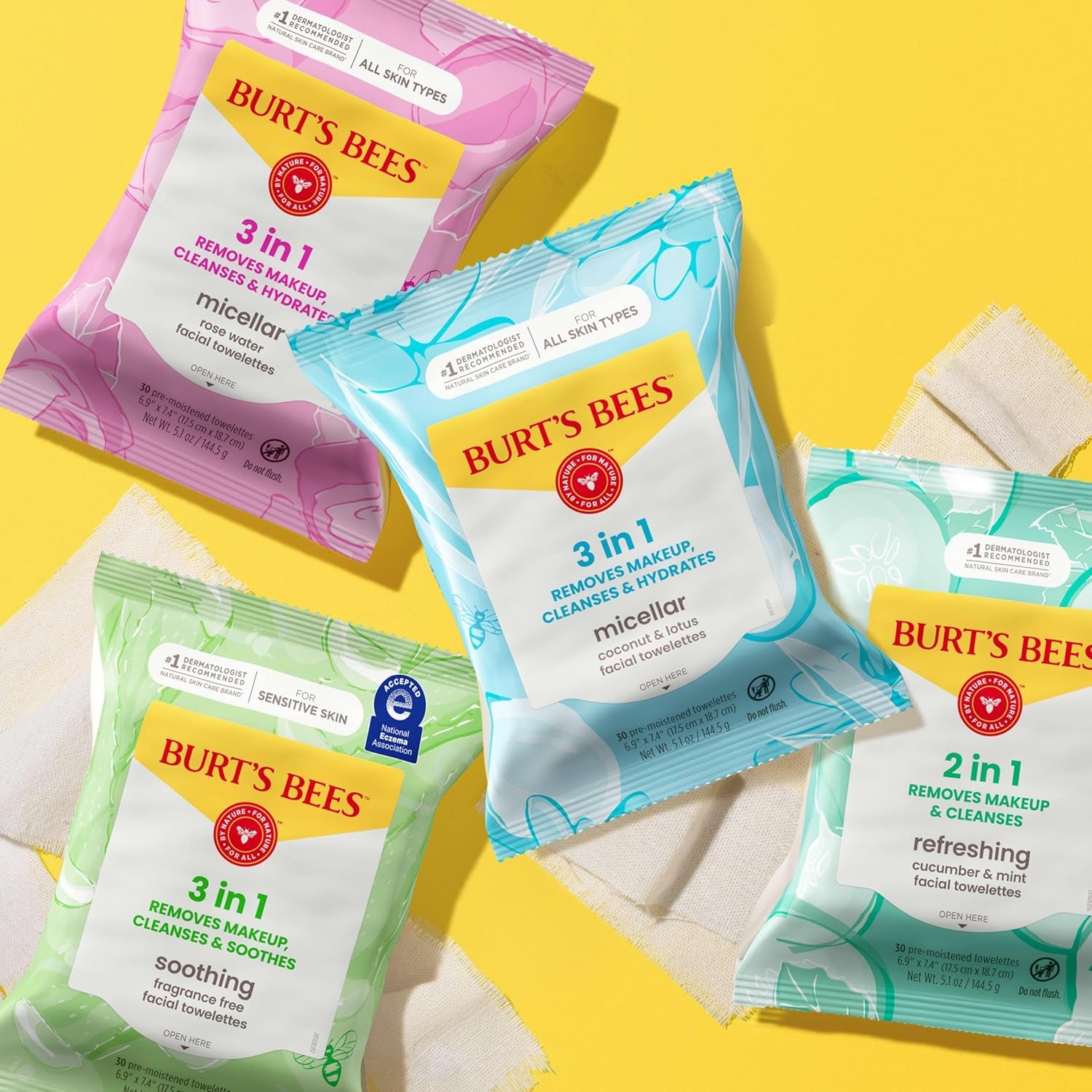 Burts Bees Micellar Rose Water Facial Towelettes, 100% Plant Based Cloth; 99% Natural Origin; Remove Makeup, Cleanse, Hydrate; No Greasy, Oily Residue; All Skin Types; 30 Ct, Pack of 3 (Pack May Vary)